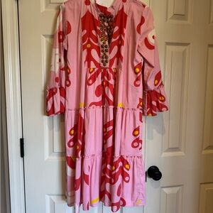 Pink and Coral Resort Sundress with V-Neck and Bishop Sleeves